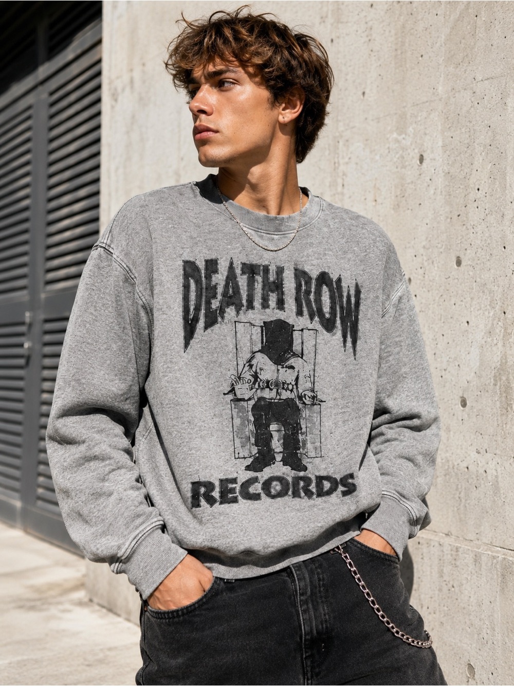 Death Row Records Electric Chair Sweatshirt M Grey Boxy Hip Hop Streetwear